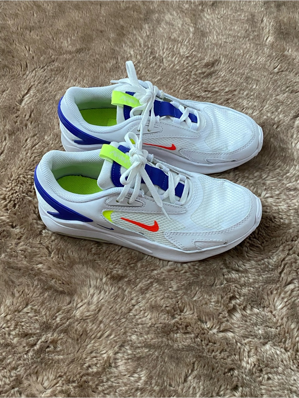 Nike White Sneakers with Blue, Neon Yellow & Orange Accents